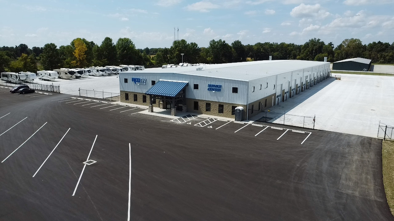 An aerial view of RCD RV Supercenter's Pataskala service center.